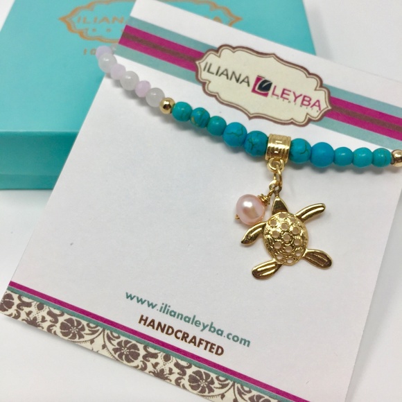 Iliana Leyba Jewelry - Turtle Charm Bracelet w/Turquoise & Rose Quartz